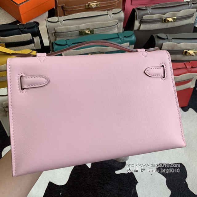 Hermes凱利女包 愛馬仕Minikelly pochette一代 原廠進口swift皮 半手工蠟線 3Q粉 金銀扣  tdh2262